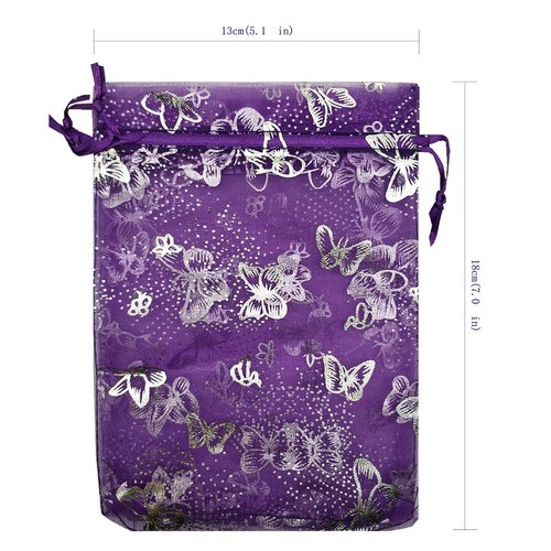 Ankirol 100pcs Sheer Organza Favor Bags Purple Butterfly Print For Wedding Gift Bags Samples Display Drawstring Pouches (5x7)
