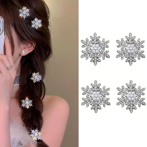 Christmas Hair Clip Snowflake Hair Barrettes Nonslip Alligator Hair Clips Snowflake Hairpins with Rhinestone Pearl Design Winter Xmas Hair Accessories Cute Small Hair Pins Party Hair Decorations, 4Pcs
