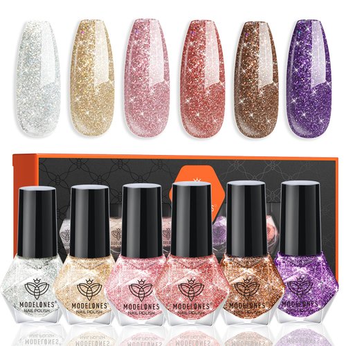 Modelones Nail Polish Set 6 Colors Red Nude Gold Glitter Min Nail Polish Set Quick Dry Diamond Silver Sparkle Winter Nail Polish Manicure DIY Nail Art Salon Home Gift for Women Girl