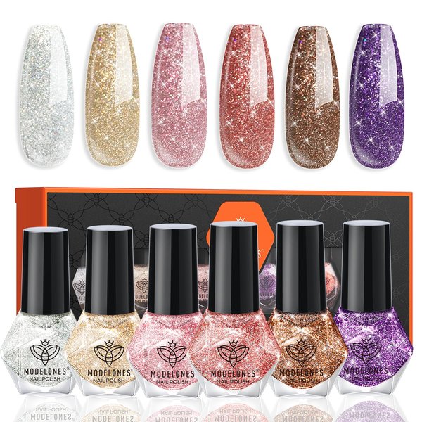 Modelones Nail Polish Set 6 Colors Red Nude Gold Glitter Min Nail Polish Set Quick Dry Diamond Silver Sparkle Winter Nail Polish Manicure DIY Nail Art Salon Home Gift for Women Girl