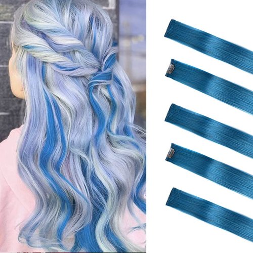 Winsky Deep-sea Blue Hair Extensions Girls Clip in Human Hair - 100% Straight Party Highlights Clip on Colored Hair Extensions 5 Pieces/Set (18inch,Deep-sea Blue)