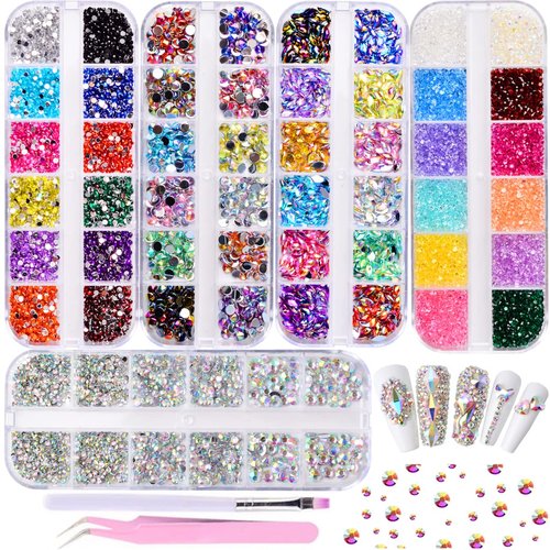 5 Boxes Colorful Nail Art Rhinestones Kit - Multicolor Nail Crystal Gems Nail Diamonds Nail Horse Eye Rhinestones with Tweezers and Nail Art Brush for Nail Art Supplies Accessories (colorful1)