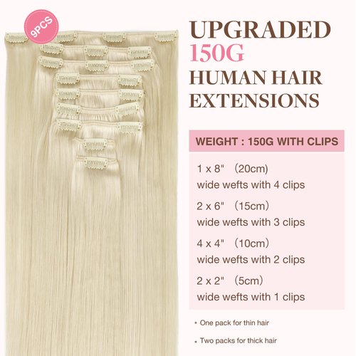 GOO GOO Clip in Hair Extensions Real Human Hair, 16inch 150g 9Pcs, 60A Platinum Blonde, Remy Human Hair Extensions Clip ins for Women, Natural Human Hair