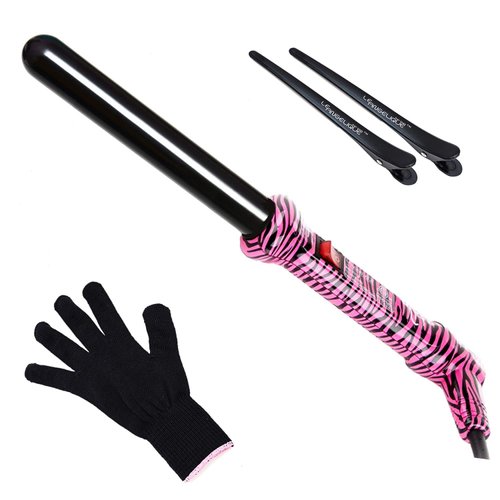 Le Angelique 1 Inch Ceramic Curling Wand for Beach Waves, Short & Long Curls - 25mm Professional Clipless Curler Iron with Glove and 2 Clips | 450F Instant Heat | Dual Voltage - Pink Zebra