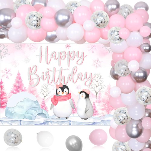 Kreatwow Penguin Birthday Decorations for Girl Penguin Happy Birthday Backdrop Pink Balloon Garland Penguin Party Supply Penguin Foil Balloon for Winter Penguin Birthday Arctic Polar Animals Party