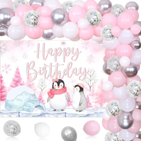 Kreatwow Penguin Birthday Decorations for Girl Penguin Happy Birthday Backdrop Pink Balloon Garland Penguin Party Supply Penguin Foil Balloon for Winter Penguin Birthday Arctic Polar Animals Party