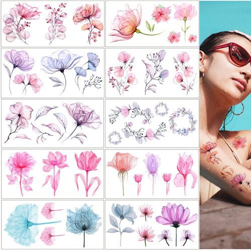 Casciybo Flower Temporary Tattoos for Women Girls, 10Sheets Fake Watercolor Rose Lily Tattoo Stickers Waterproof Art for Face Body Arm Kids Birthday Party Favors Makeup Supplies Gifts
