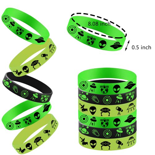 48PCS Green Alien Party Rubber Bracelets, Outer UFO Space Alien Themed Birthday Party Decorations Supplies Decor Gifts Goodie Bag Favors Green Alien Silicone Wristbands