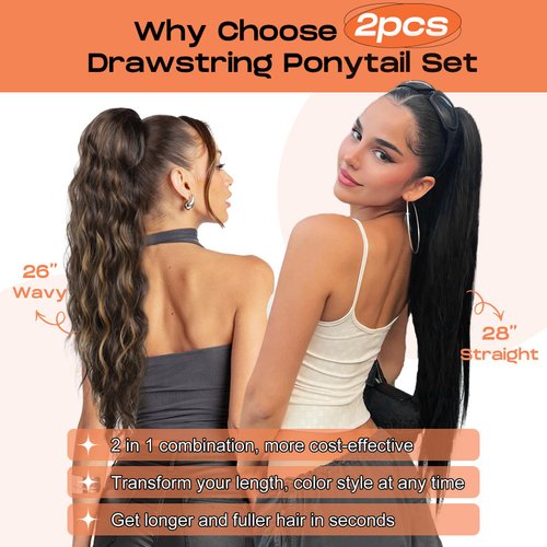 SEIKEA 2PCS Ponytail Extension, 26" Eva Long Wavy 28" Vida Long Straight Drawstring Ponytail Multi-layered Clip in Hair Extensions Ponytail Synthetic Hairpiece Dark Chocolate Brown