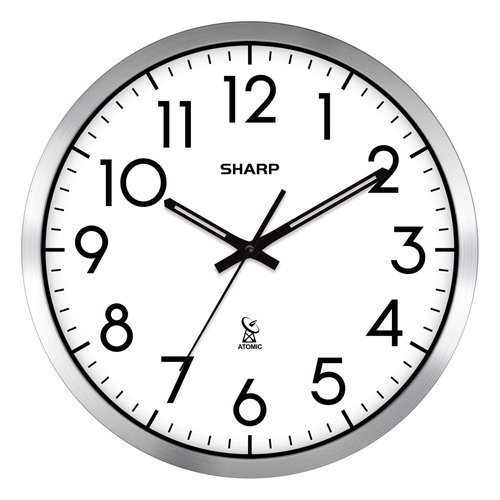 SHARP Atomic Analog Wall Clock - 12" Silver Brushed Finish Sets Automatically- Battery Operated Easy to Read Use: Simple, Style fits Any Decor