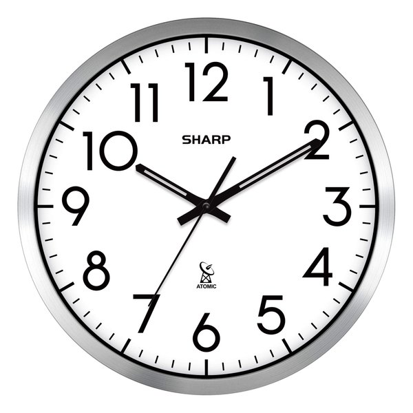 SHARP Atomic Analog Wall Clock - 12" Silver Brushed Finish Sets Automatically- Battery Operated Easy to Read Use: Simple, Style fits Any Decor