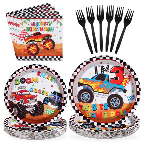 96 Pcs Monster Truck 3rd Birthday Party Supplies 350 GSM Monster Truck Plates and Napkins Checkered Tableware Set Monster Birthday Decorations for 3rd Kids Boys Monster Truck Theme Party Serves 24