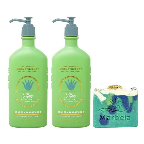 Bath & Body Works Aromatherapy Aloe Orange + Sandalwood 2 Pack Body Lotion Gift Set Bundle with an Aloe Vera Bar Soap - Full Size