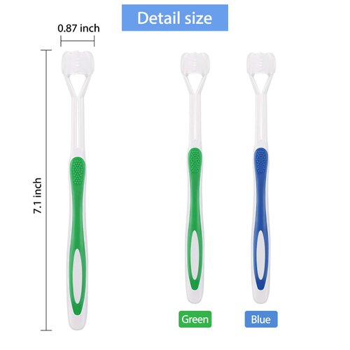 2 Pieces Autism Toothbrush Three Bristle Travel Toothbrush for Complete Teeth and Gum-Care, Great Angle Bristles Clean Each Tooth, Soft and Gentle (Green, Blue)