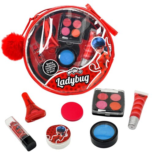 Miraculous Ladybug Kids Makeup Set - 10 Piece Bag with Nail Polish, Hair Chalk, Stickers & More, Curated Gift Sets - Safe, Non-Toxic Pretend Play Cosmetics Ladybug Themed Makeup Kit
