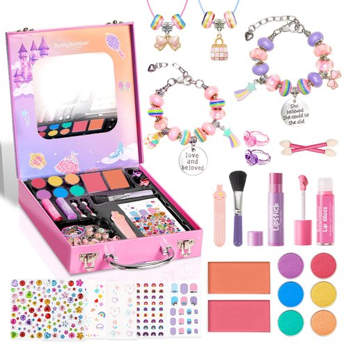 Kids Makeup & Jewelry Kit for Girls - Washable Real Cosmetics Set with Bracelet-Making for Children Toddler, Princess Dress-Up Toy, Ideal Christmas Birthday Gift for 4-12 Year Olds (Pink)