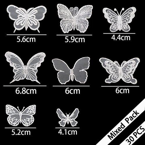 30 PCS Lace Butterfly Applique Embroidery Butterfly Sew Iron On Patch, Organza Patches Butterfly Applique for Wedding Bridal Dress Sewing Craft DIY Clothes Hair Ornaments (White)