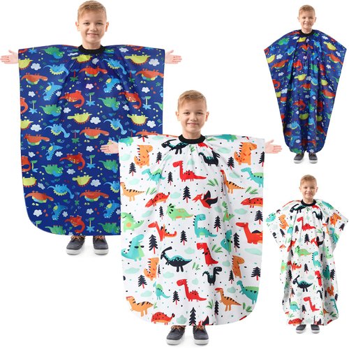 Ramede 2 Pieces Kids Barber Cape with Cartoon Patterns 55 x 40 Inches Hair Cutting Cape Hair Cut Apron Cape with Adjustable Closure Hair Styling Salon Haircutting Cover for Child, Dinosaur Style