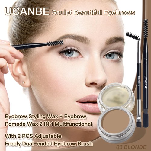 UCANBE Waterproof Eyebrow Gel + Eyebrow Styling Wax 2 in 1 Makeup Kit with 2 Pcs Dual-ended Adjustable Freely Eyebrow Brush Makeup Long Lasting Eyebrows (03 Gel/Blonde Pomade, Standard)