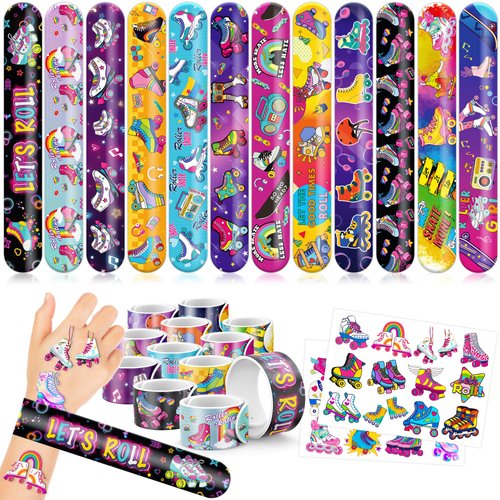 48PCS Roller Skate Party Favors 24PCS Tattoos 24PCS Slap Bracelets Wristbands Themed Birthdays Party Supplies Decorations Decor Centerpiece Sneaker Retro 60s 80s Pattern Girls Boys Gifts School