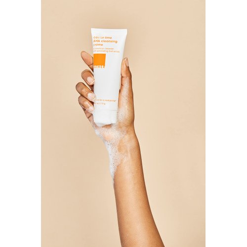 LATHER Caviar Lime AHA Cleansing Cream Face Wash - Lactic Acid & Vitamin C Cleanser - Gently Exfoliating & Foaming Face Wash for Combination, Oily/Acne prone, Mature/Dry Skin - 4 Fl Oz