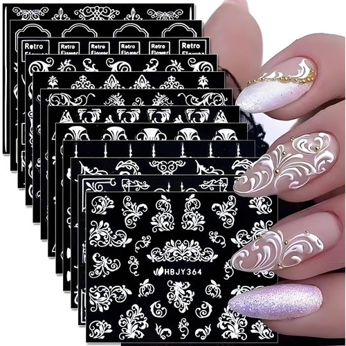 12 Sheets White Nail Art Stickers 3D Self Adhesive White Flower Nail Stickers White Lace Leaf Nail Decals for Nail Art Floral Retro Nail Design Decoration Accessories for Women and Girls