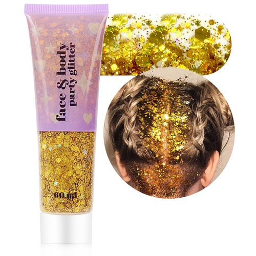 ANGXILIN High Capacity 60ML Chunky and Fine Mixed Face Body Glitter with Gel for Singer Concerts Rave Party Makeup,Quick Dry Long Lasting Holographic Iridescent Sequins Glitter Gel (Gold New)