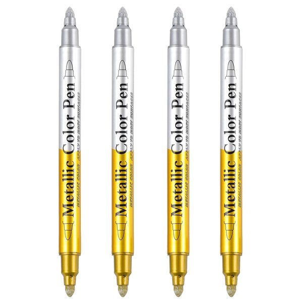 Dyvicl Metallic Marker Pens Dual Tip, Permanent Metallic Silver and Gold Paint Pens for Black Paper, Wine Glass, Rock Painting, Christmas Card Making, Scrapbook, DIY Crafts, Set of 4