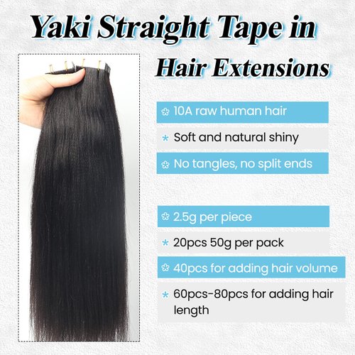 Yaki Tape in Hair Extensions Real Human Hair Black Women Light Yaki Human Hair Tape in Extensions Double Sided Skin Weft Yaki Straight Tape on Remy Hair Weft 10A Brazilian Hair 50G 20PCS 14 Inch