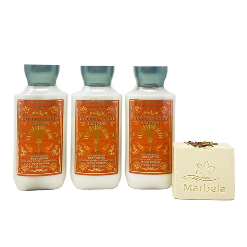 Bath & Body Works Golden Mango Lagoon 3 Pack Daily Nourishing Body Lotion Bundle with a Creamy Rose Bar Soap - Full Size