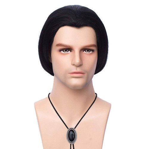 FVCENT Short Straight Black Mens 70s Vintage Vincent Vega Costume Wig 80s Halloween Costume Party Fun Wig with 1 Bolo Tie