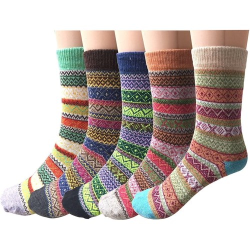 Pack of 5 Womens Vintage Style Cotton Knitting Wool Warm Winter Fall Crew Socks, Mixed Color 1, One Size - fit shoe sizes from 5-10