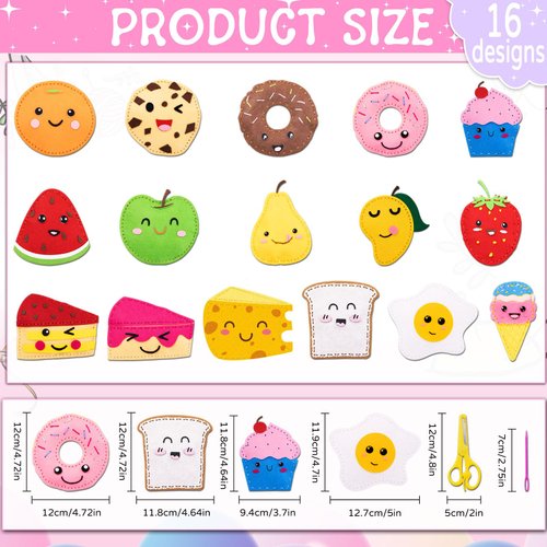 ZOIIWA 16 Sets Food Themed Sewing Kit for Kids Fun Craft for Boys Girls Felt Plush Craft Kit Sewing Kit Learn to Sew Kit Educational Beginners Sewing Stuffed Ornaments for Easter Mother's Day Gift