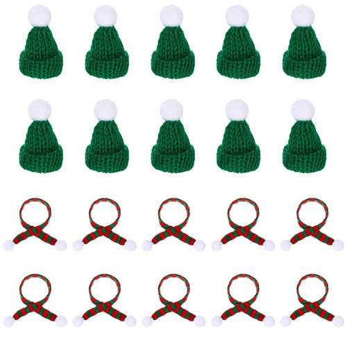 PRETYZOOM 20pcs Mini Santa Hats for Crafts Christmas Mini Knit Hat and Mini Scarf Christmas Tree Ornaments Cute Doll Clothes Accessory Jewelry Making DIY Craft Art (Green)