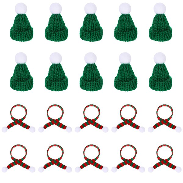PRETYZOOM 20pcs Mini Santa Hats for Crafts Christmas Mini Knit Hat and Mini Scarf Christmas Tree Ornaments Cute Doll Clothes Accessory Jewelry Making DIY Craft Art (Green)