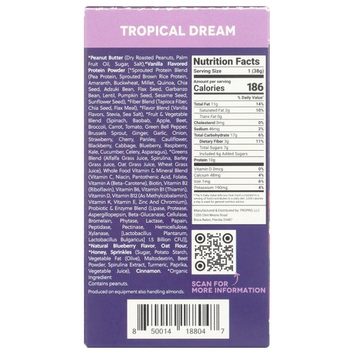 FROPRO Plant Protein Snack Bars - Plant Based Protein Bars, All-Natural, Gluten, Dairy, & Soy Free, High Protein Bars with Low Calories | Tropical Dream, 12 Pack