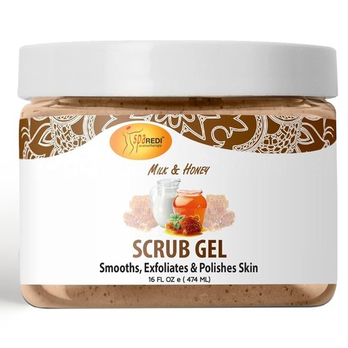 SPA REDI – Exfoliating Scrub Pumice Gel, Milk and Honey, 16 Oz - Manicure, Pedicure and Body Exfoliator Infused with Hyaluronic Acid, Amino Acids, Panthenol and Comfrey Extract