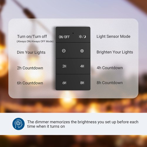 DEWENWILS Dusk to Dawn Dimmer, Outdoor Dimmer for String Light with Remote Dimmer Switch, 100FT Range, Compatible with Dimmable LED/Tungsten Bulbs, FCC Certified