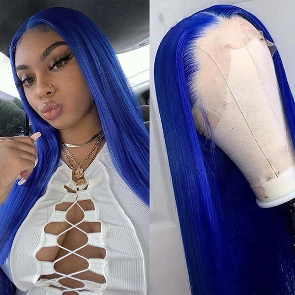 Oxeely Blue Lace Front Wig Pre Plucked Glueless T Part Wig Long Straight Wig Natural Hairline Blue Lace Frontal Wigs Synthetic Lace Front Wigs for Black Women 28 Inch