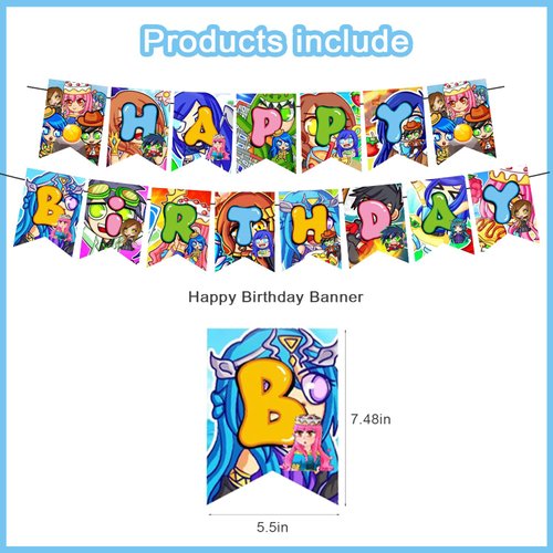 Funneh Krew Birthday Party Decorations, Cartoon Gaming Themed Party Supplies set with Happy Birthday Banner,Cake Cupcake Toppers,Balloons for Fans Adults Birthday Party Favors