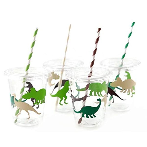 Dinosaur Birthday Cups, Kids Party Supplies, Birthday Favor Cups, Plastic Disposable Cups, Lids and Straws, Set of 12