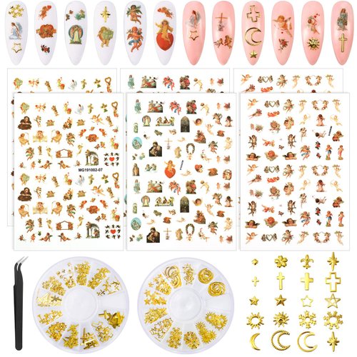 6 Sheets Angel Pattern Nail Stickers and 2 Boxes 3D Nail Art Metal Charms, Baby Angel Nail Art Stickers Self-Adhesive Nail Decals, Gold Metal Nail Studs Punk Star Cross Moon Gem Nail Art Jewel