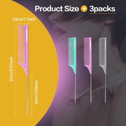 Goodofferplace Rat Tail Combs Teasing Comb Set with Fine Tooth Long Steel Pin Rat Tail Hair Combs for Women Styling Parting Carbon Fiber Heat Resistant Anti Static(Green Purple Grey)