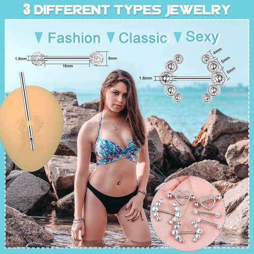 WZPB Nipple Piercing Kit for Women, 22Pcs Nipple Piercing Kit with 6 Pieces Nipple Piercing Rings Nipple Needle Kit Piercing Jewelry Barbell Heart Curved Shape Rings Barbell Piercing Clamps Needles