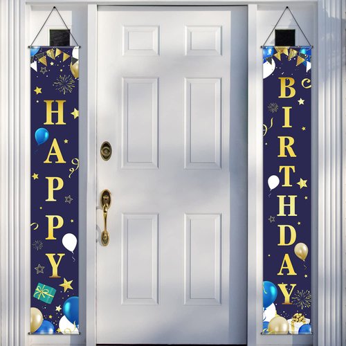 Frienda Happy Birthday Door Banner Navy Blue and Gold Birthday Decorations Birthday Backdrop for Men Happy Birthday Porch Sign Party Supplies for 15th 18th Birthday Decor