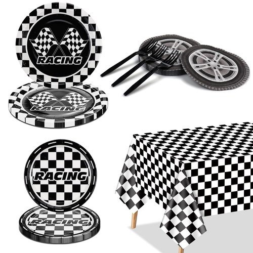Racing Car Birthday Party Decorations - 81Pcs Racing Car Party Supplies, Dinner Plates Dessert Plates Tire Napkins Forks Checkered Tablecloth for Kids' Race Car Themed Birthday Party, Serves 20