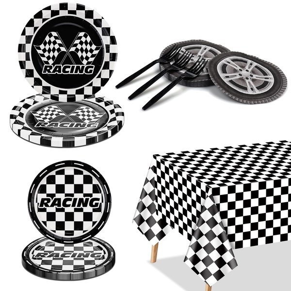 Racing Car Birthday Party Decorations - 81Pcs Racing Car Party Supplies, Dinner Plates Dessert Plates Tire Napkins Forks Checkered Tablecloth for Kids' Race Car Themed Birthday Party, Serves 20