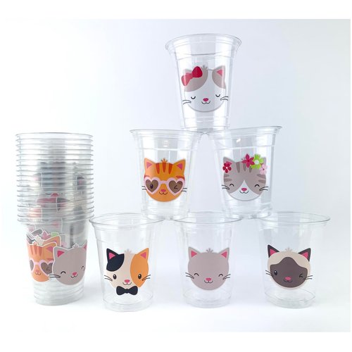 Cat Themed Party Cups, Kids Birthday Party Supplies, Disposable Beverage Cups, 12 Ounce, Set of 24