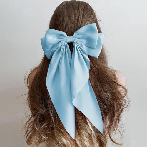 1pc Light Blue Jumbo Bow Clip with Tails Hair Bow Clip For Girls Silky Satin Hair Barrettes Metal Clip,French Barrette Long Tail Bowknot Hairpin Hair Pins,Clips and Barrettes