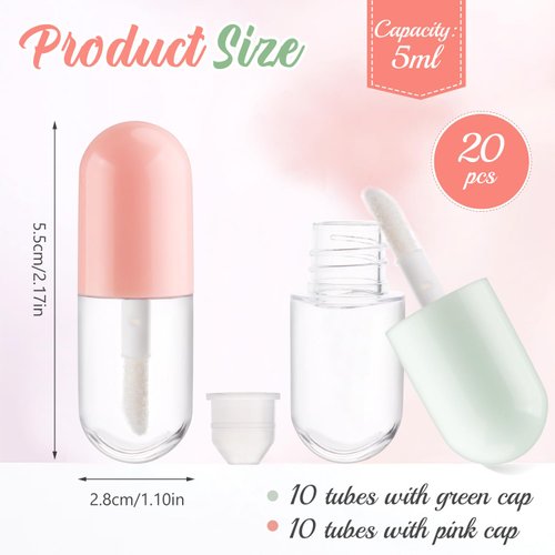 BOSMIOW 20pcs 5ml Mini Clear Plastic Lip Gloss Tubes Empty Capsule Shaped Lip Balm Bottle Travel Size Lipstick Tubes,DIY Lip Gloss Container Vials with Wand Brush,2Colors